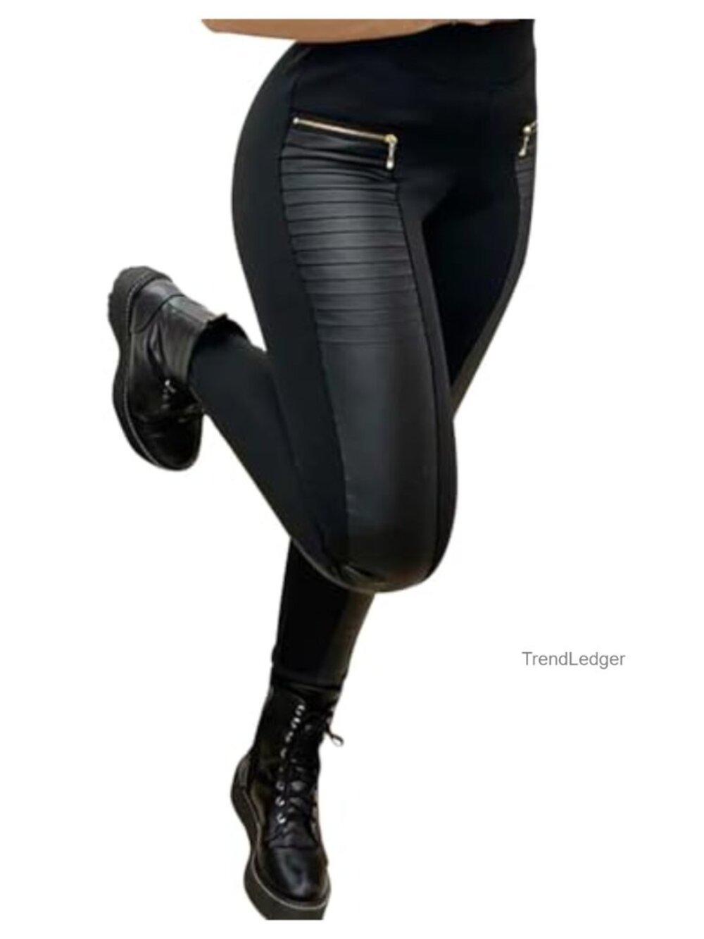 Faux Leather Leggings Elastic Mid Waisted Stretchy Zip Patch Tights